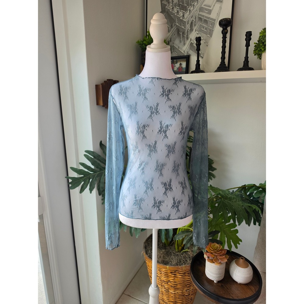 Wild Fable Blue Floral Lace Mesh Long Sleeve Top Sheer Lettuce Edge Size S NEW